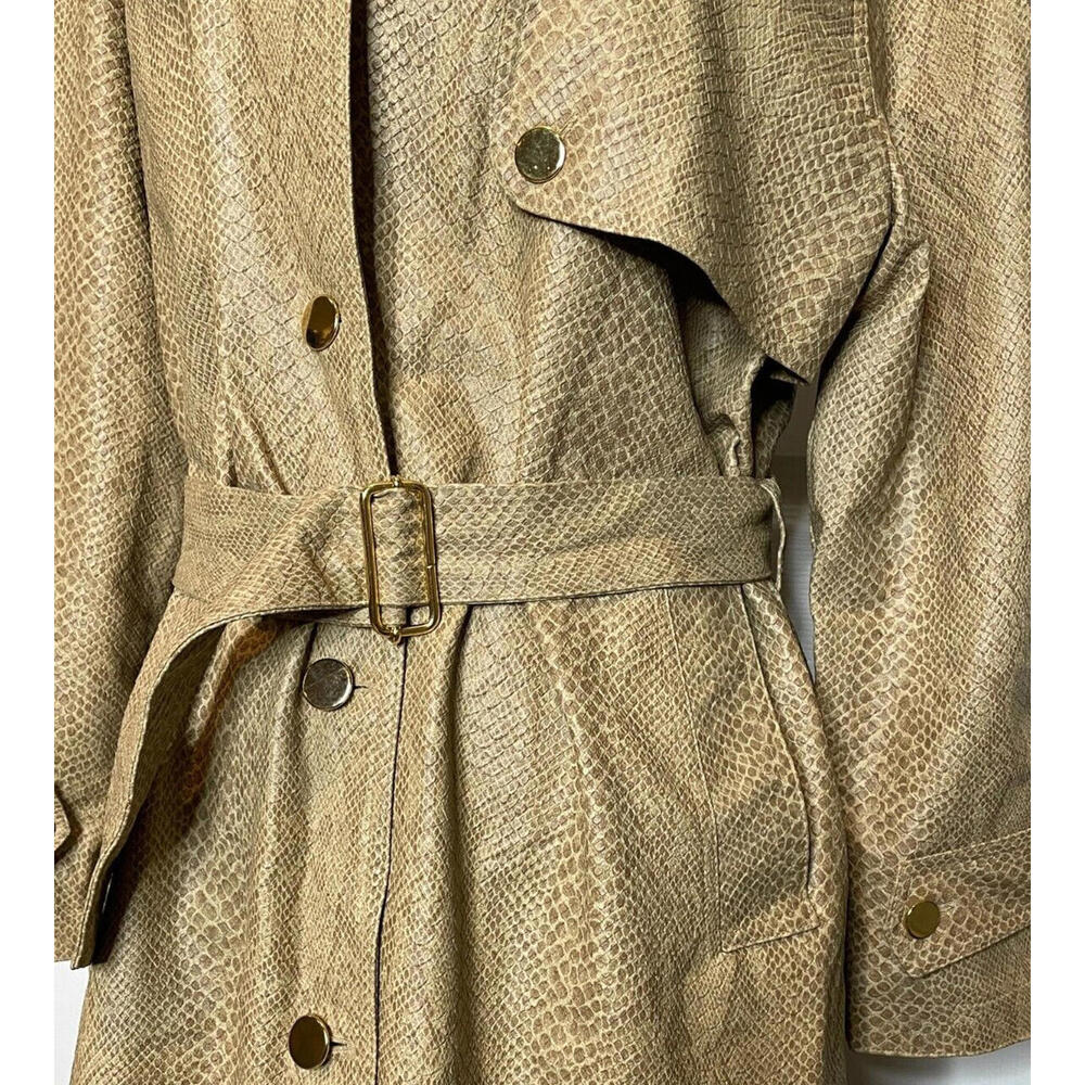 Vtg Pap Milano Italy Snake Print Faux Leather Belted Trench Coat Womens M Tan - Picture 5 of 9